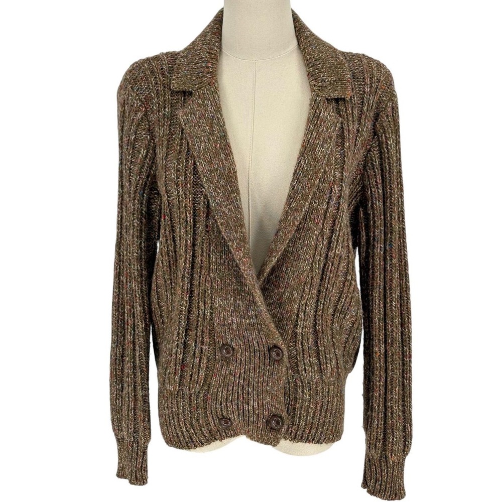 Vintage Joyce Cardigan Brown‎ Multi Double Breasted Ribbed Shoulder Pads